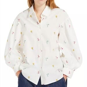 Weekend MaxMara Floral Embroidered White Button-Down with Puff Sleeves